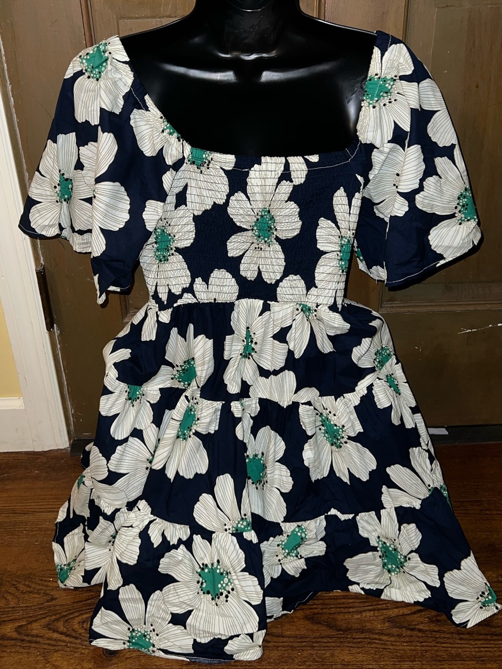 Umgee Navy Floral Green Ribbon Boho Smocked Short Puff Sleeve Mini Dress Size S - Picture 6 of 11